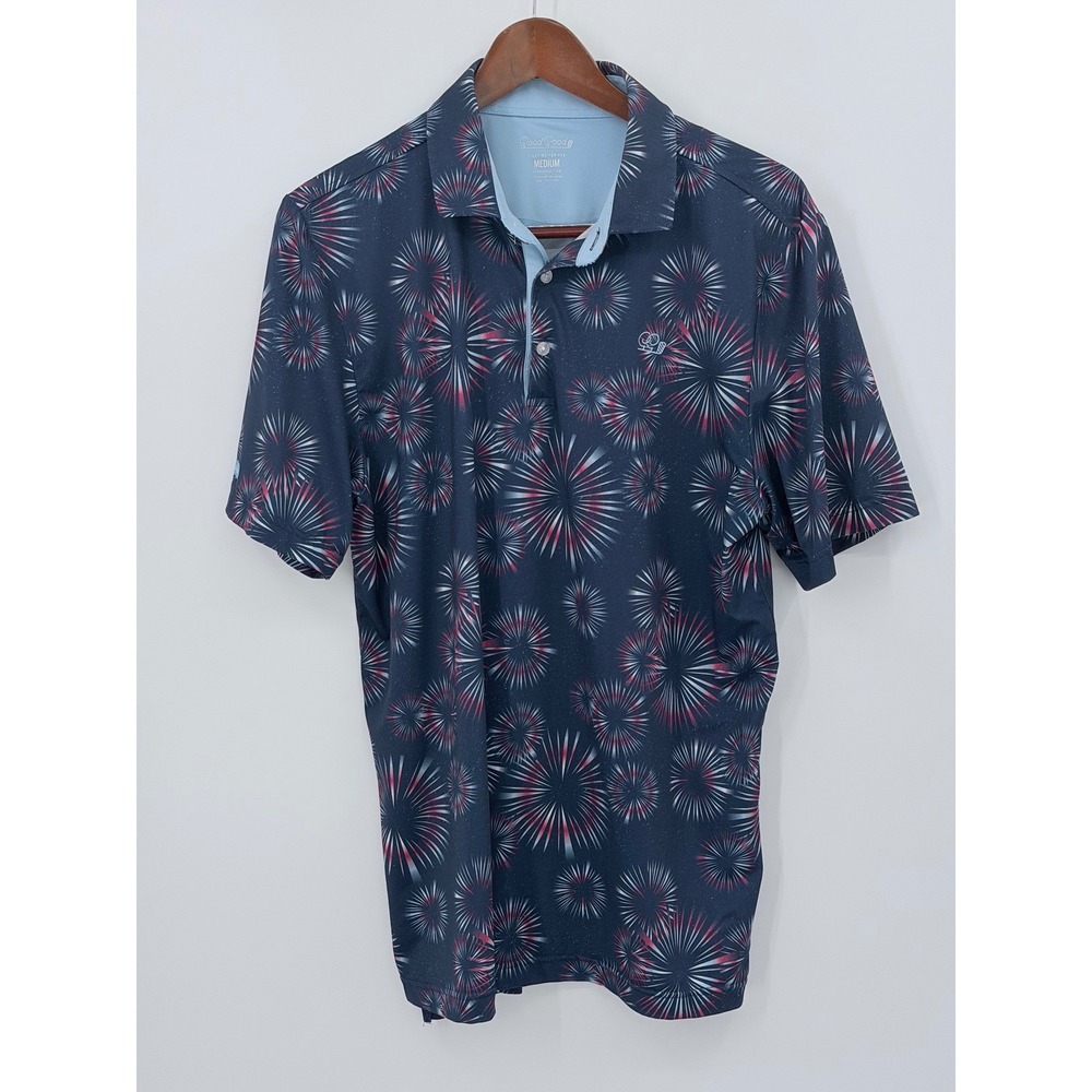 Good Good Golf Mens Medium Polo Shirt Navy Blue Firework Burst Performance